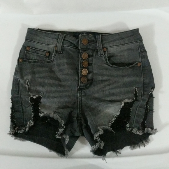 Indigo Rein Black Cutoff Distressed Denim Button Fly High Rise Shorts - size 0 - Picture 1 of 4